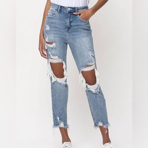 High Rise Distress Crop Straight Jeans